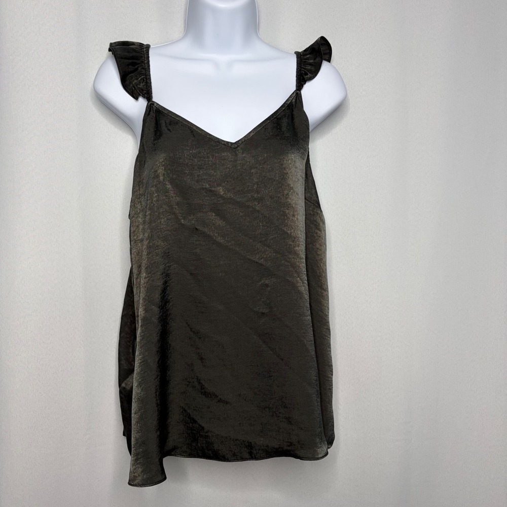 LC Lauren Conrad Womens Large Charcoal Satin Ruffle Strap V-Neck Camisole Top